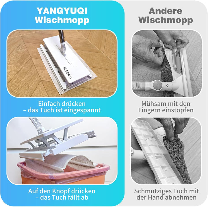 Wischmopp mit Druck-Klemm-System, Bodenwischer mit Automatischer Tuchklemme, Zero Touch Ein-Knopf-We