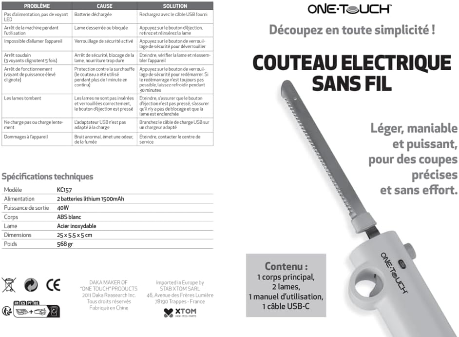 ONE TOUCH Kabelloses Elektromesser KC 157 – Akku-Küchenmesser mit 2 Edelstahlklingen (25cm), 3h Lauf