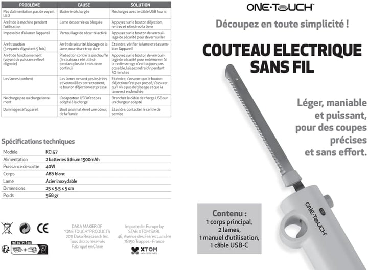 ONE TOUCH Kabelloses Elektromesser KC 157 – Akku-Küchenmesser mit 2 Edelstahlklingen (25cm), 3h Lauf
