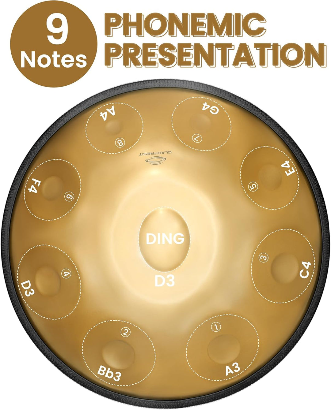 GLADFRESIT 432hz Handpan Steel Drum 9 Notes 22inch "GOLD Performer" in D Minor with handpan stand, h