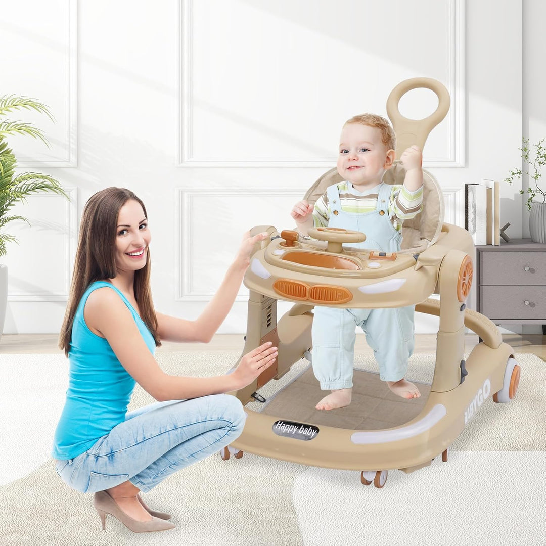 4 in 1 Lauflernhilfe, Baby Walker Höhenverstellbar, Gehhilfe mit Esstablett, Spielcenter, Bodenmatte
