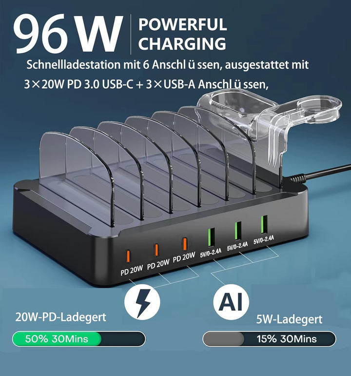 Acocodi USB Ladestation Multi Dock 6 Ports 60W Smart Schnellladedockstation für mehrere Geräte, komp