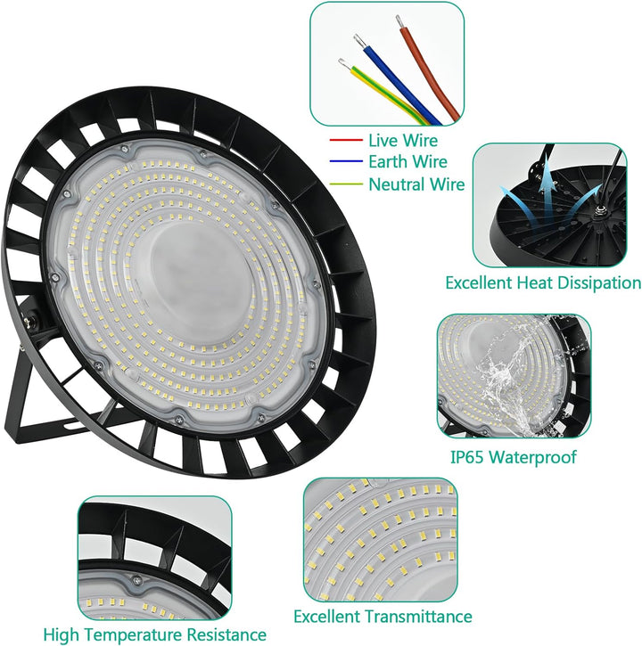 300W UFO LED Industrielampe Hallenstrahler, 6000K Kaltweiss Hallenbeleuchtung Abstrahlwinkel 120°, I