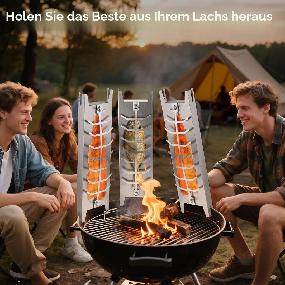 Flammlachsbrett Edelstahl, Flammlachsbrett für Feuerschale, 180° Drehbar, mit Verbrühungssicherer Ha