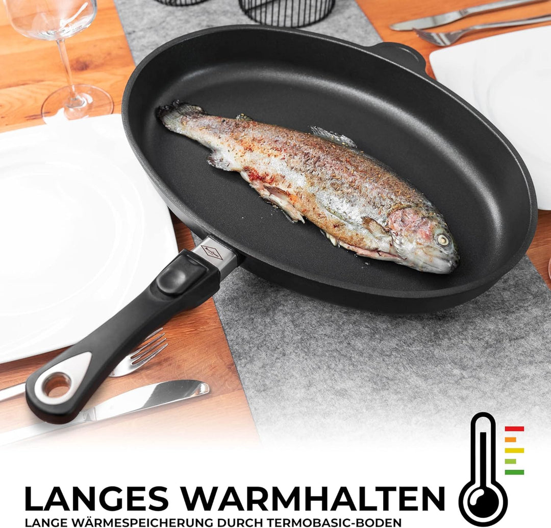 MaxxGoods Fischpfanne 41x27cm Aluguss mit Glasdeckel | Für Alle Herdarten auch Induktion | Pfanne &amp;