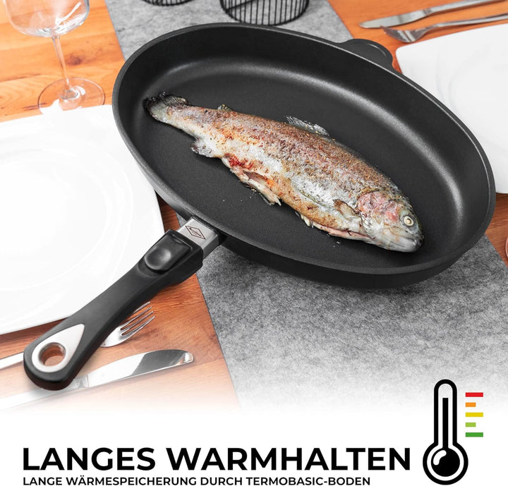 MaxxGoods Fischpfanne 41x27cm Aluguss mit Glasdeckel | Für Alle Herdarten auch Induktion | Pfanne &amp;