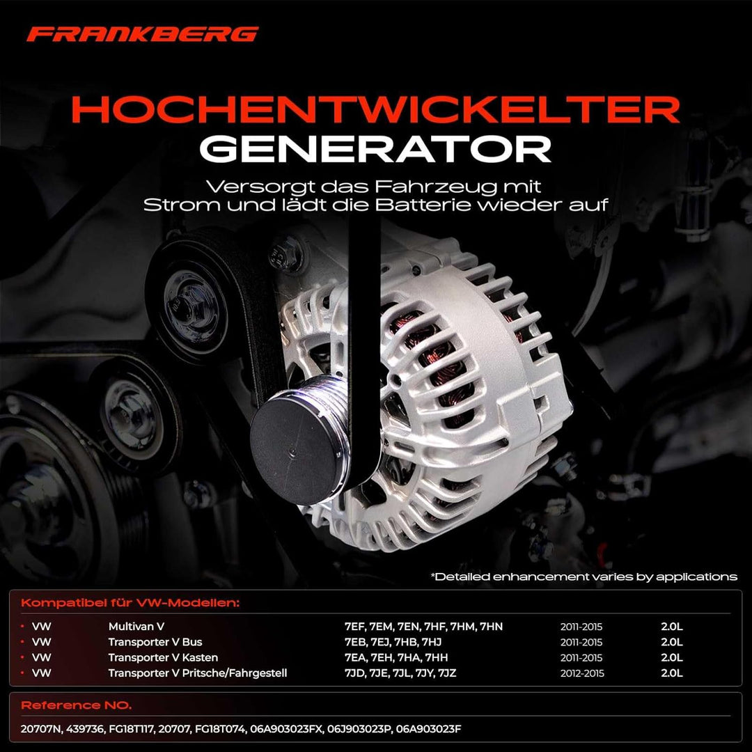 Frankberg Alternator Lichtmaschine Generator Kompatibel mit M.u.l.t.i.v.a.n V 2.0 TSI 2011-2015 T.r.