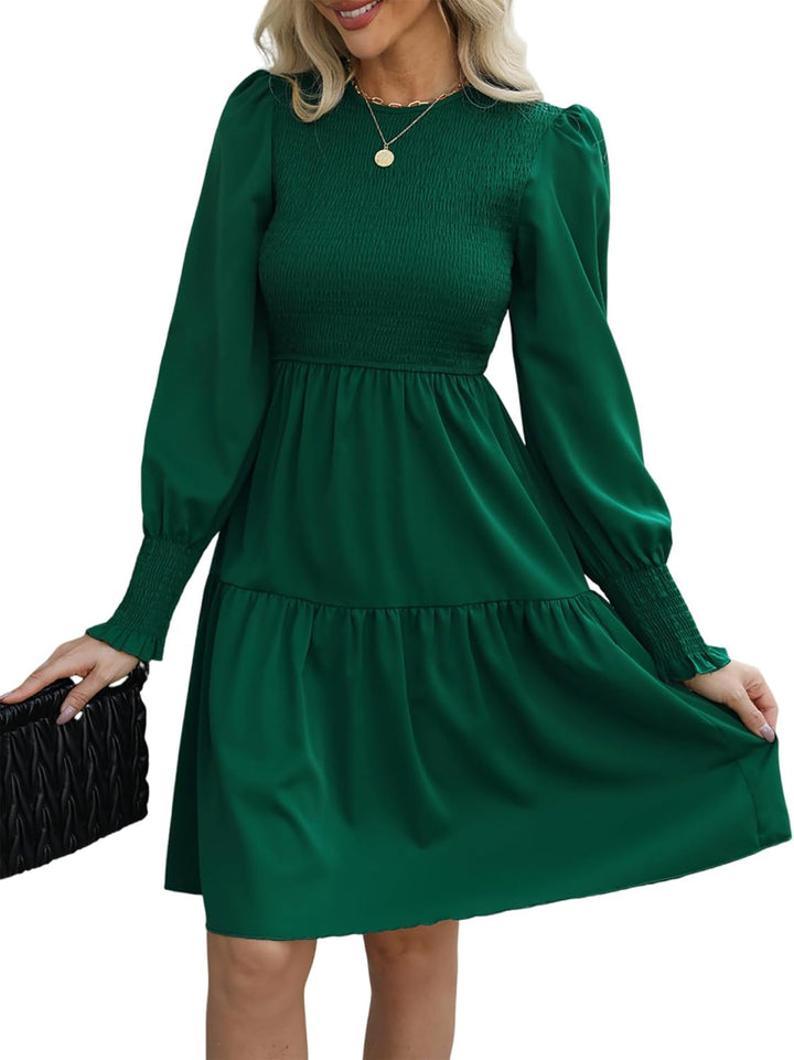 CUPSHE Damen Kleid Rundhals Langarm Rüschensaum A Linien Gesmoktes Minikleid Freizeitkleider Party S