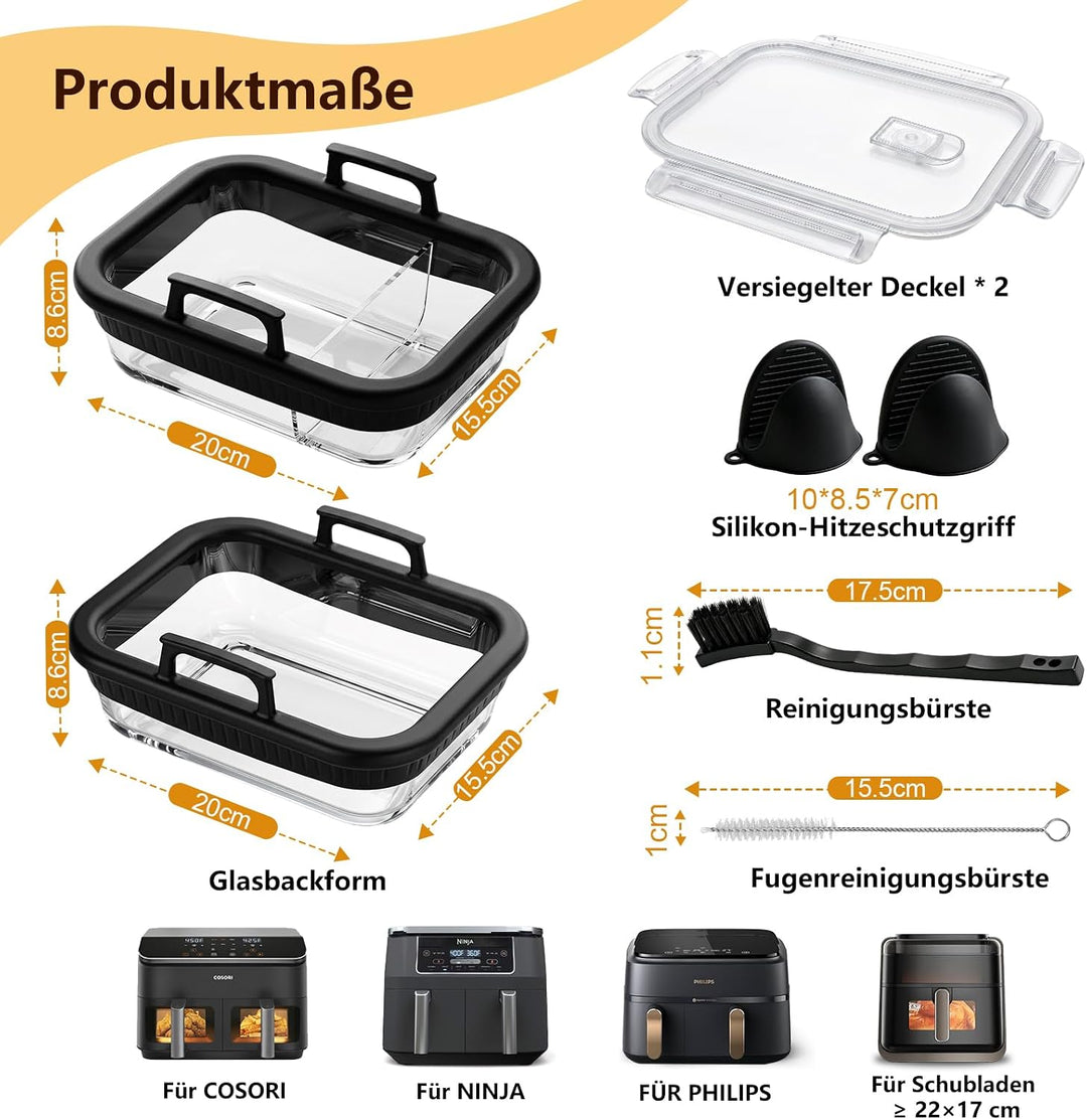 2 Stück Glas Auflaufform Airfryer, BPA-frei Glasform für Airfryer mit Deckel, Abnehmbaren Silikongri