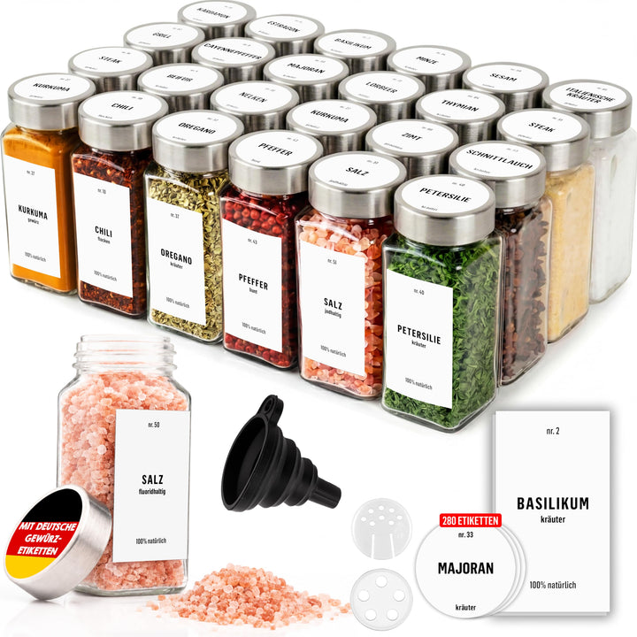 Deco haus® Gewürzgläser eckig mit Schraubkappe 24er Set [+Etiketten & Streueinsatz] - Gewürzdosen Se
