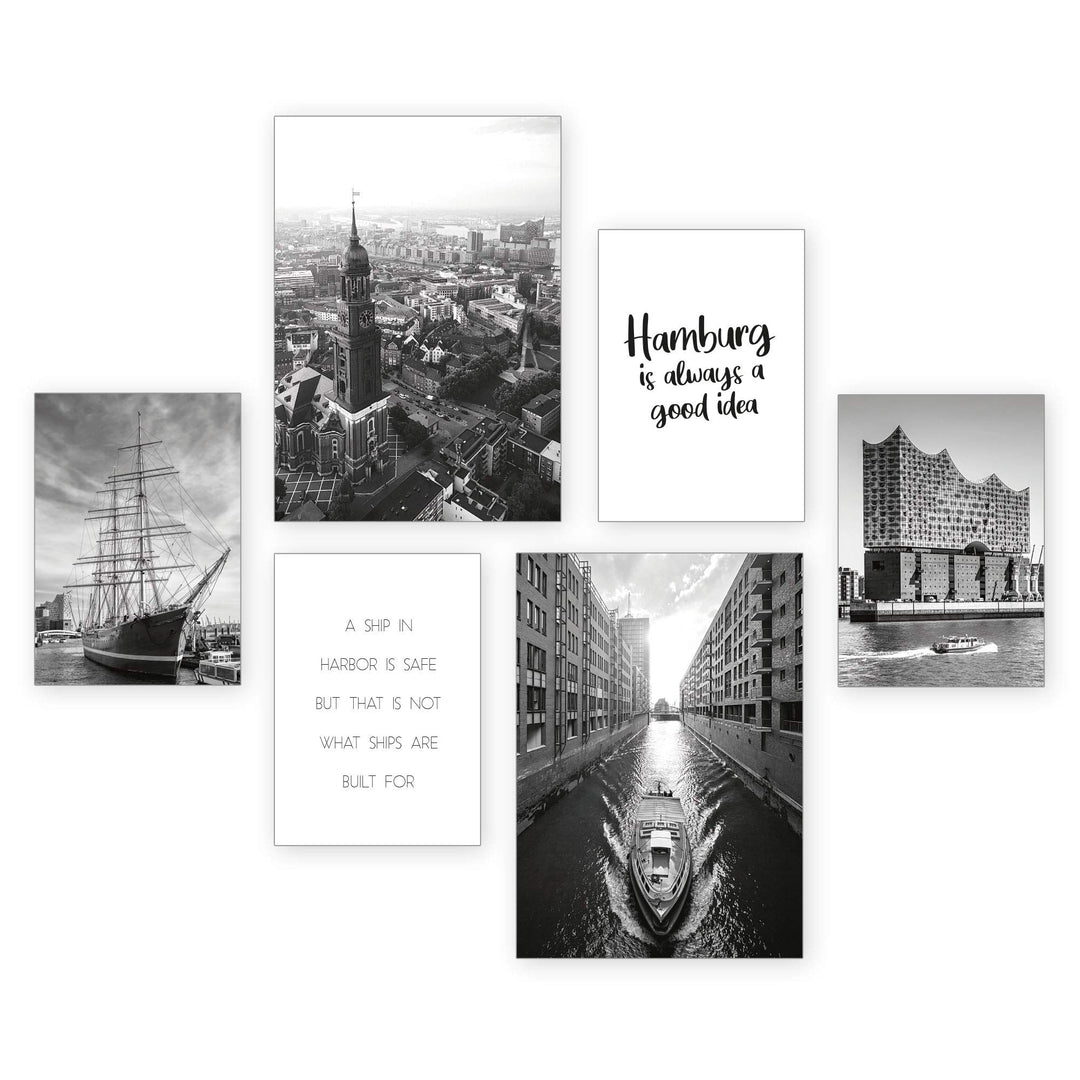 Poster-Set | Hamburg | 6 Bilder Deko Wohnzimmer Modern Schlafzimmer Bild für Ihre Wand - optional mi