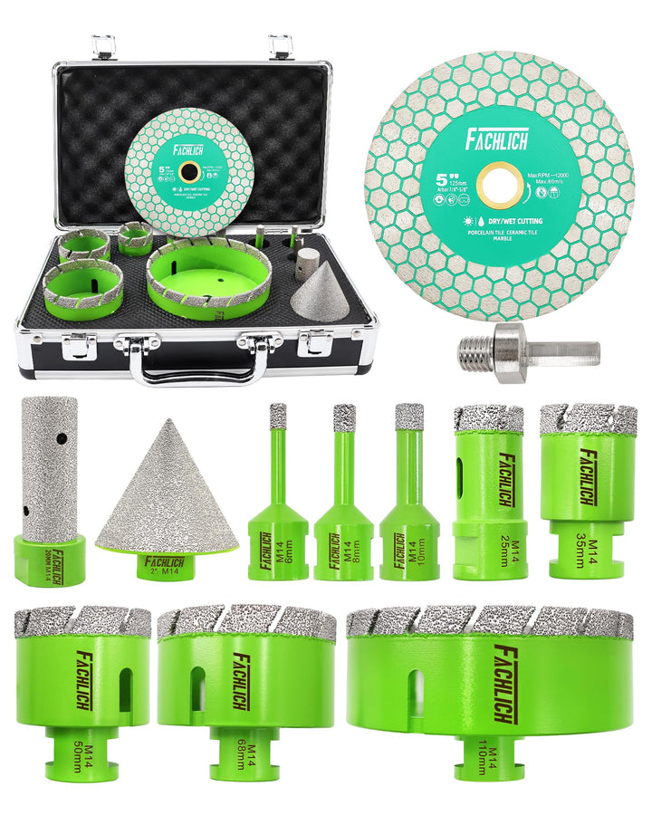 Diamant Fliesenbohrer Set – Diamantbohrer Lochsge 6/8/10/25/35/50/68/110mm mit Fingerbohrer und Fase