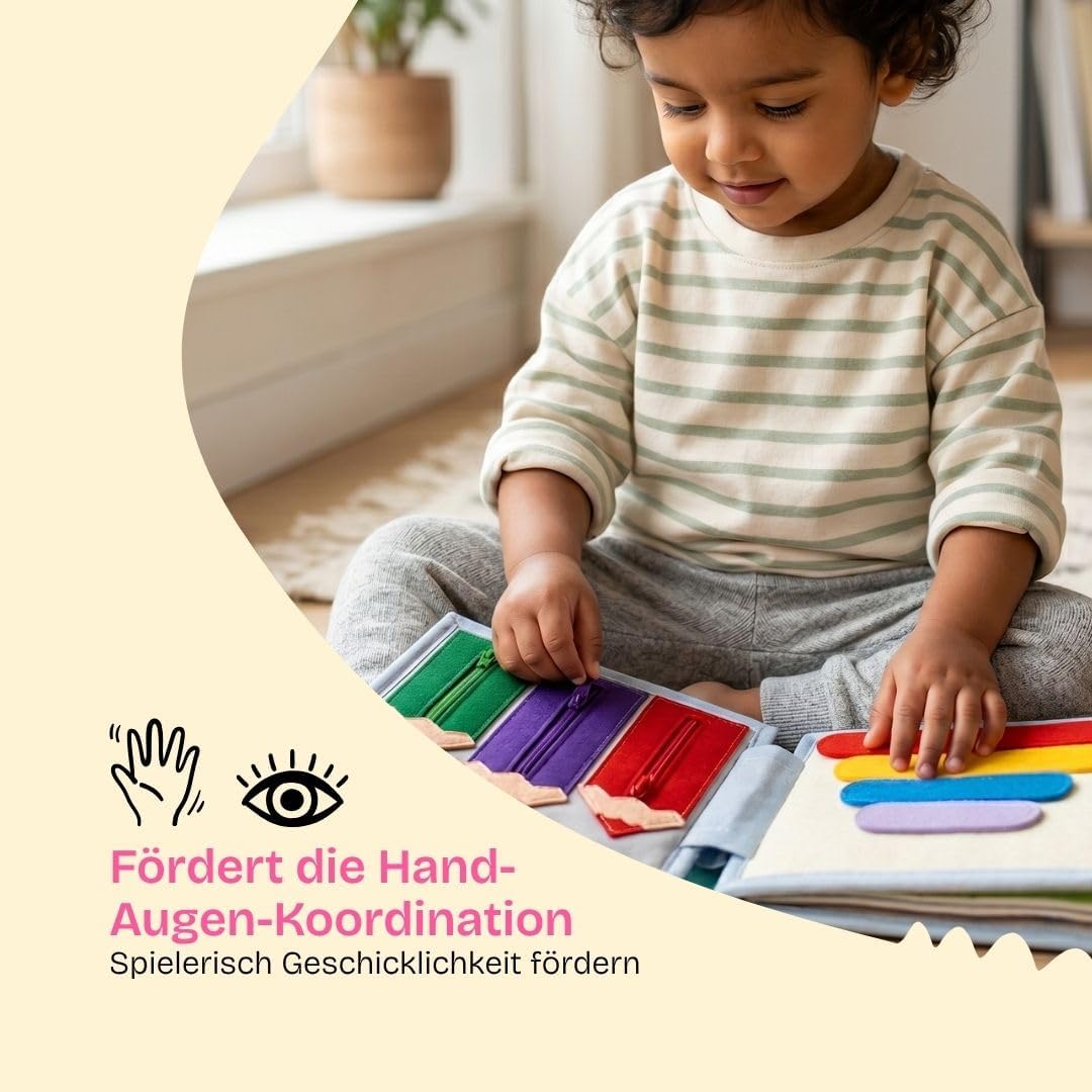 Jolly Designs 6-seitiges Mini Quiet Book Sonnenschein - Montessori Lernspielzeug aus hochwertigem St