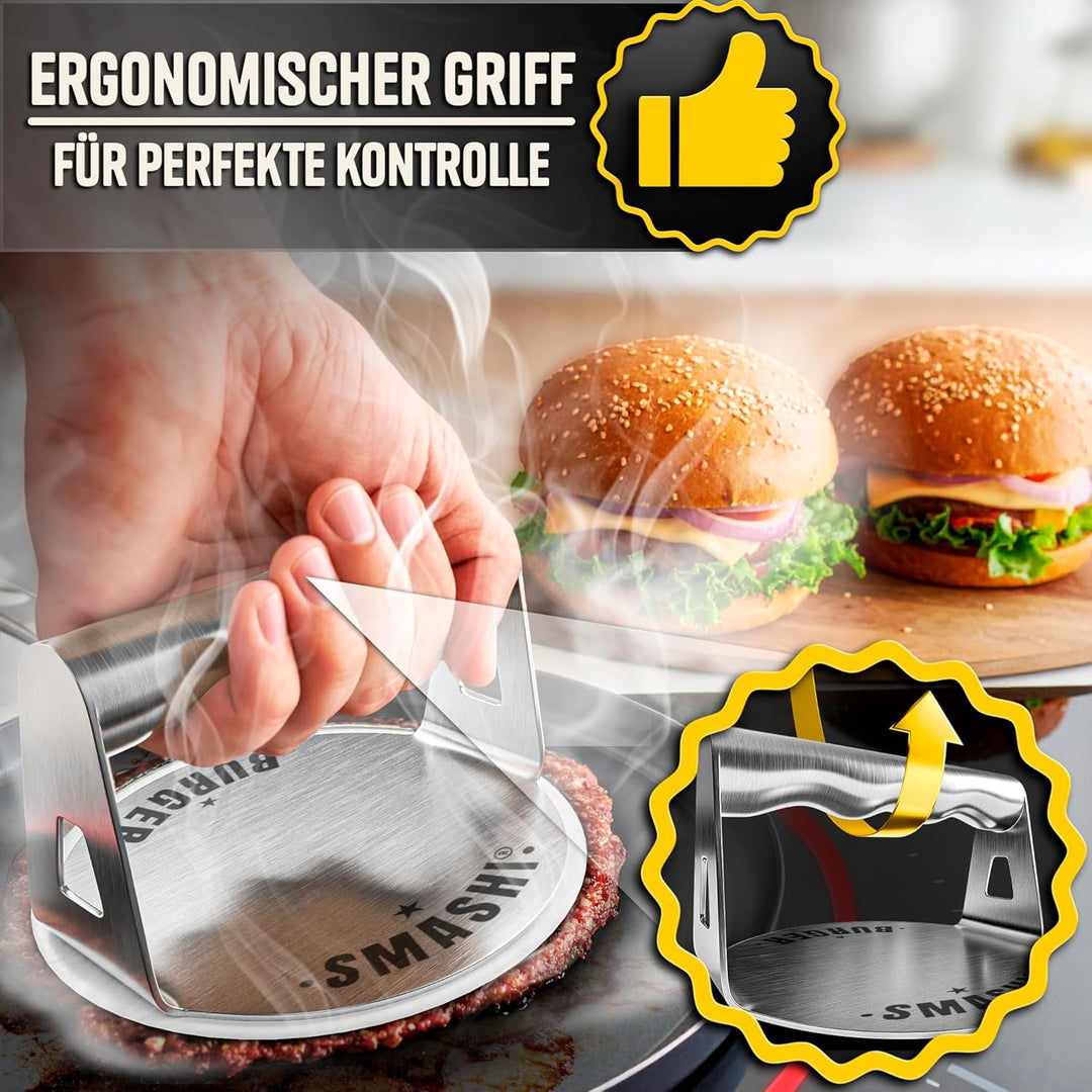 SMASHI® Smash Burger Set Professionell aus Edelstahl 304 – Burgerpresse, 2 Spachtel, Burgerglocke, G