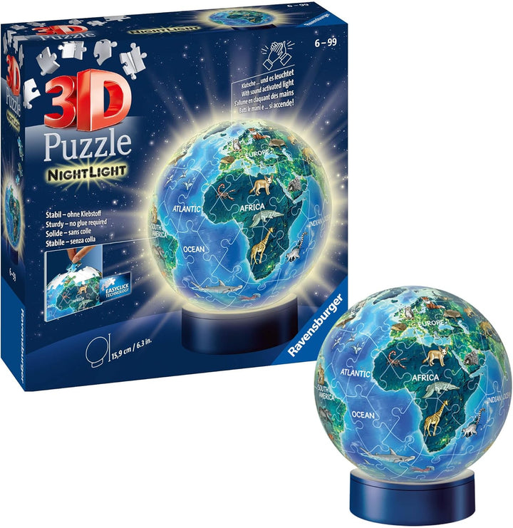 Ravensburger 3D Puzzle 11844 - Nachtlicht Erde bei Nacht - Puzzle-Ball Kinderglobus mit LED Leuchtso