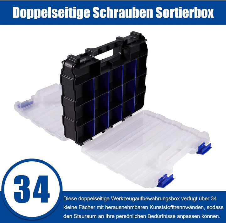 Doppelseitig Sortimentskasten, 34 Fächer Kleinteile Organizer mit Abnehmbarer Trennstege, Doppelseit