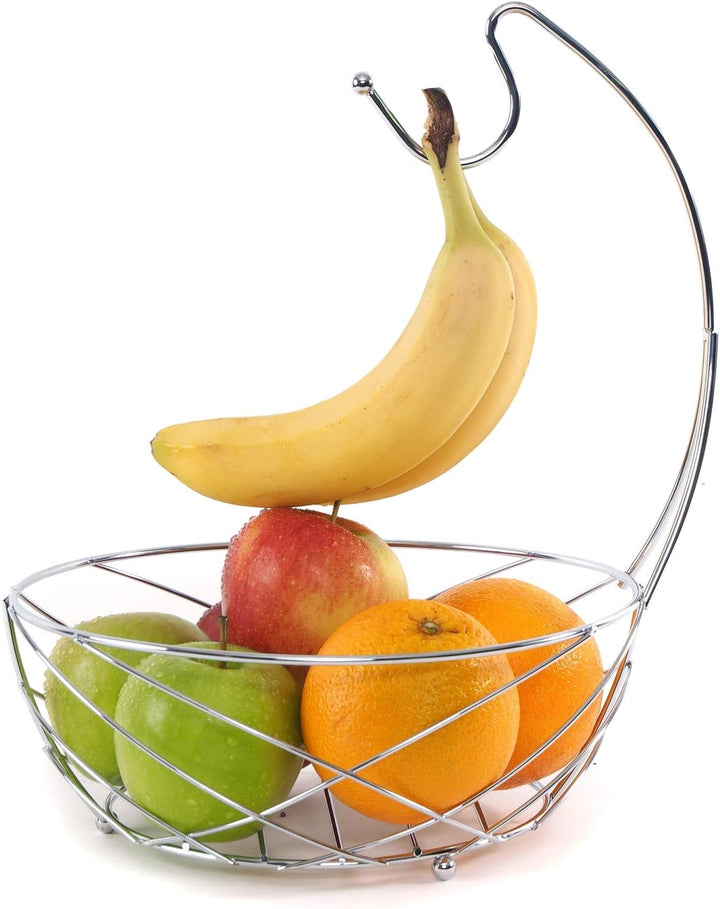 DESIGN DELIGHTS PRAKTISCHER METALL OBSTKORB FRESH | Ø 25 cm, verchromt, mit Bananenaufhänger | Früch