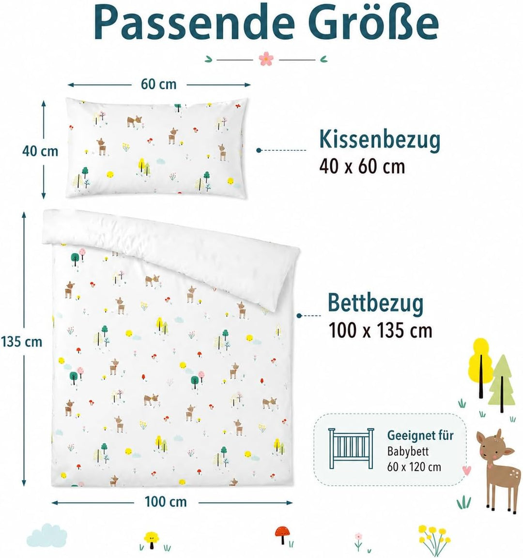 Wendbare Babybettwäsche-Sets (60 x 120 cm), 100 % Baumwolle, bestehend aus Bettbezug und Kissenbezug