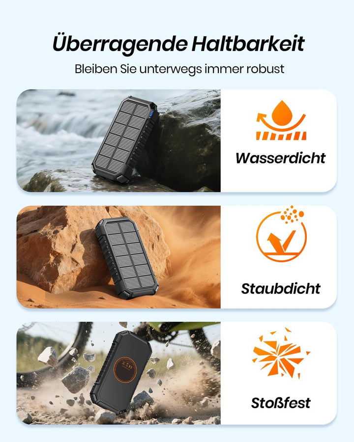 A ADDTOP Solar Power Bank – 20000mAh kabelloses PowerBank mit USB C – 3,0A Schnellladefunktion Tragb