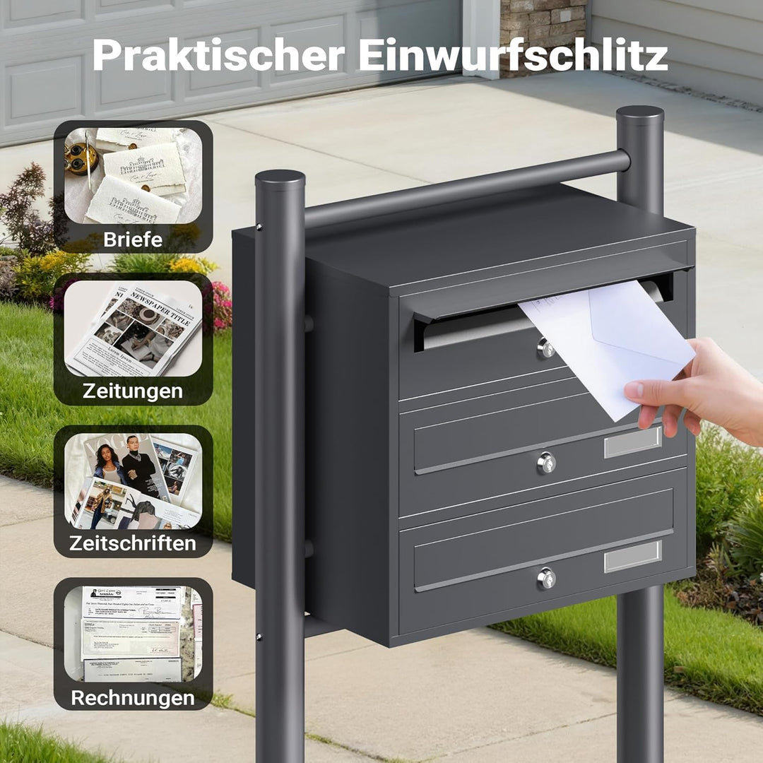 Wiltec 3er Briefkastenanlage Anthrazit 512 x 270 x 1150 mm, Standbriefkasten mit 3 Fächern, Schlüsse