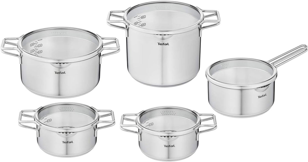 Tefal Nordica H852SA55 Stahl-Topfset mit Deckel 10-teilig, Topf: 18/20/24 cm, Kochtopf hoch 22cm, Ro