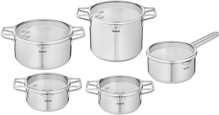 Tefal Nordica H852SA55 Stahl-Topfset mit Deckel 10-teilig, Topf: 18/20/24 cm, Kochtopf hoch 22cm, Ro