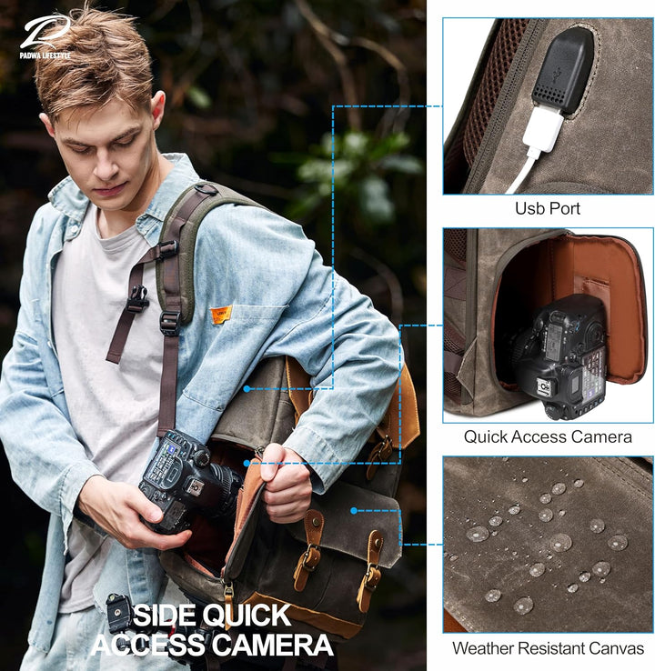 Padwa Lifestyle Kaffee Kamerarucksack - wetterfeste Kameratasche aus gewachstem Memory Canvas mit 16