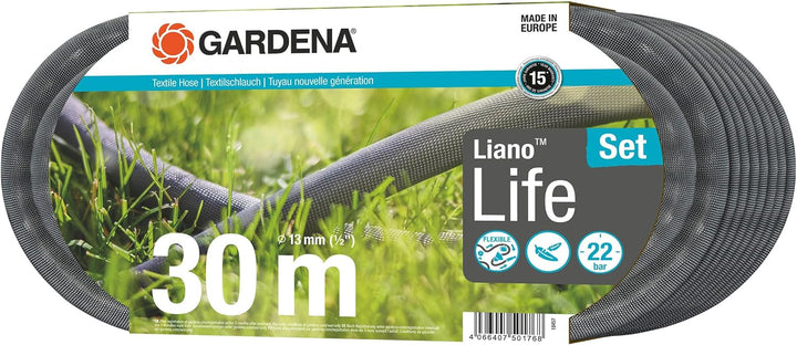Gardena Liano Life Textilschlauch 1/2 Zoll, 30m Set: Hochflexibler Gartenschlauch aus Textilgewebe,