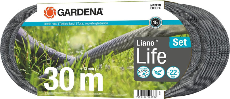 Gardena Liano Life Textilschlauch 1/2 Zoll, 30m Set: Hochflexibler Gartenschlauch aus Textilgewebe,