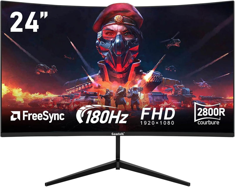 Gawfolk Écran PC 24 Pouces incurvé Gaming Moniteur 180hz, fhd 1080p 1ms sans Lunette, freesync, 100%