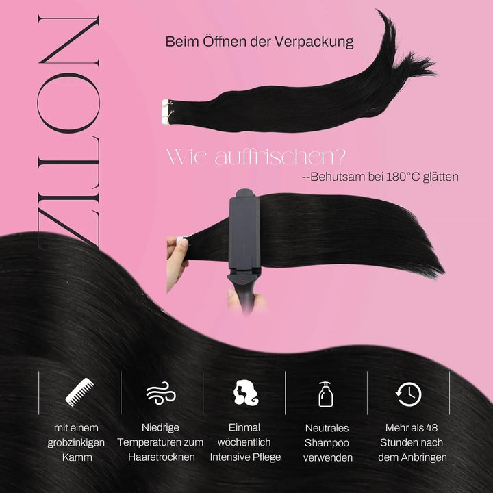 Moresoo Tape Extensions Echthaar Schwarz Echt HaarExtension Tape 100% Remy Tape in Haarverlängerung