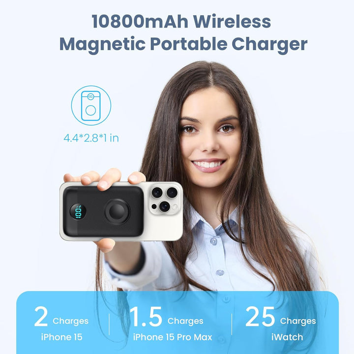 Magnetische Powerbank 10800mAh für MagSafe, 4-in-1 Wireless Power Bank mit i-Watch Ladegerät,QC4.0+P