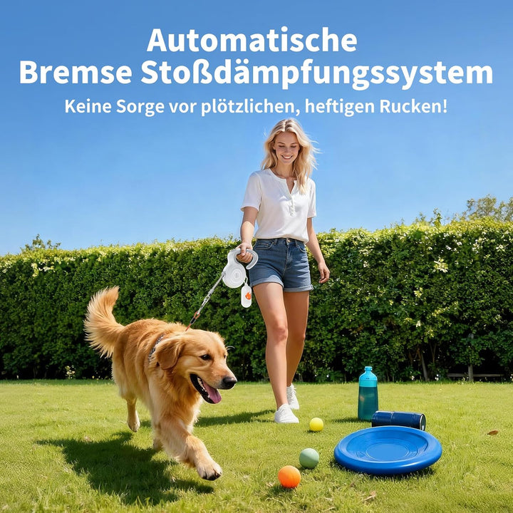 Ausziehbare Hundeleine 5m, kaubeständiges Stahldrahtseil, 360° verwicklungsfrei &amp; stossdämpfend, int