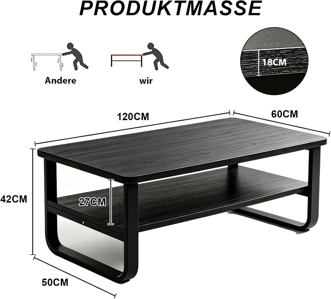 Couchtisch aus Holz für Wohnzimmer, 2-Stöckiger Beistelltisch mit Metallbeinen, Breiter Tischplatte