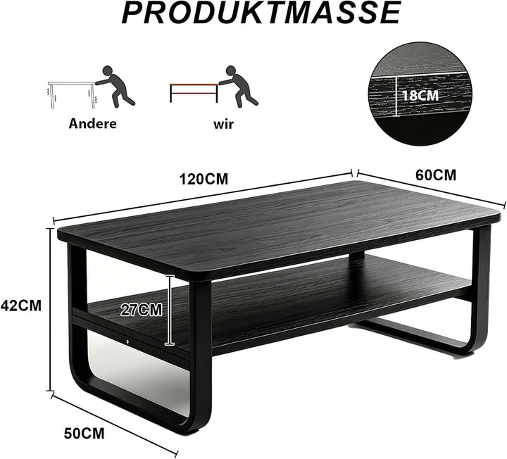 Couchtisch aus Holz für Wohnzimmer, 2-Stöckiger Beistelltisch mit Metallbeinen, Breiter Tischplatte