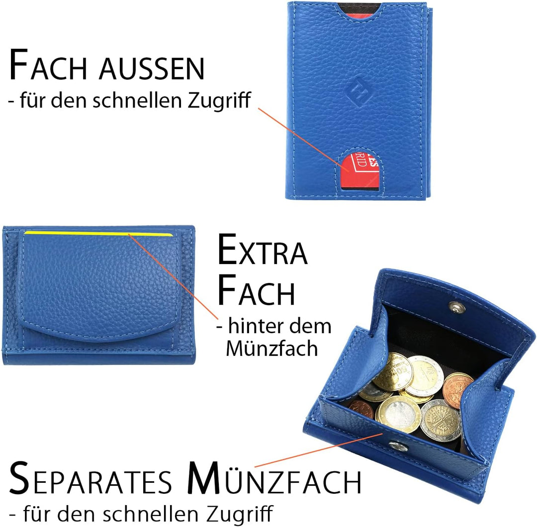Mini Portemonnaie Damen mit Münzfach, Reise Geldbeutel, klein viele Fächer, Leder blau, RFID Blocker