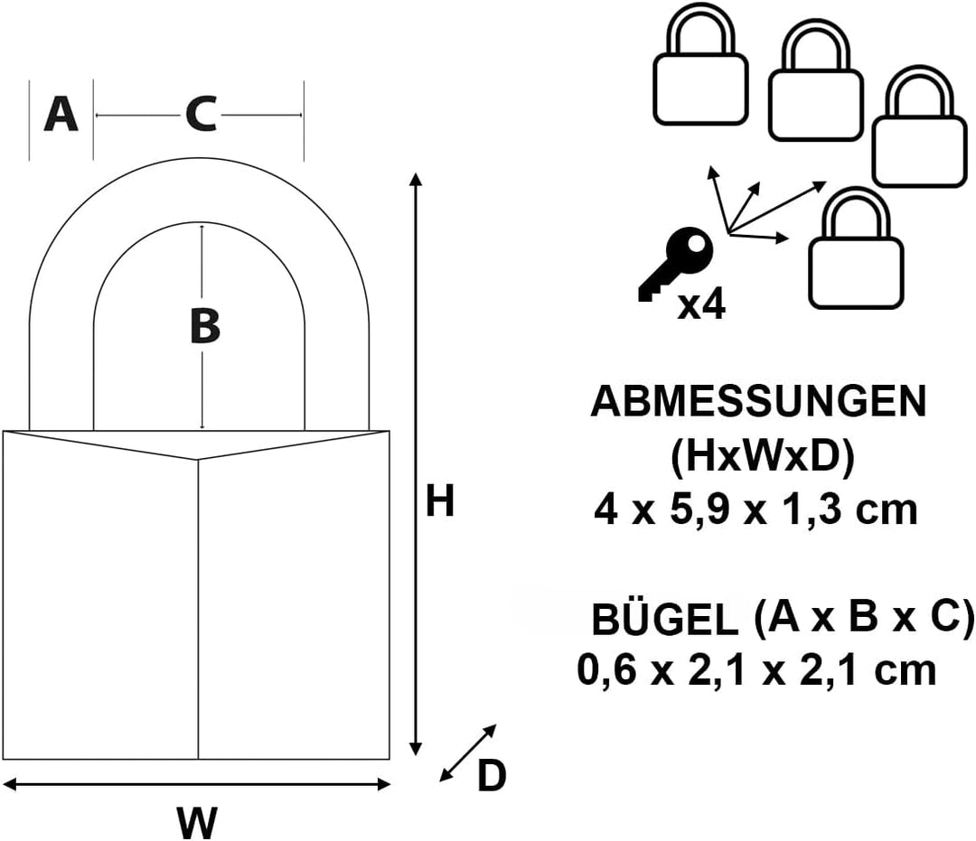 Master Lock 9140EURQNOP 4-er Set Vohängeschloss mit Schlüssel aus Aluminium, Grau, 4 x 5,9 x 1,3 cm