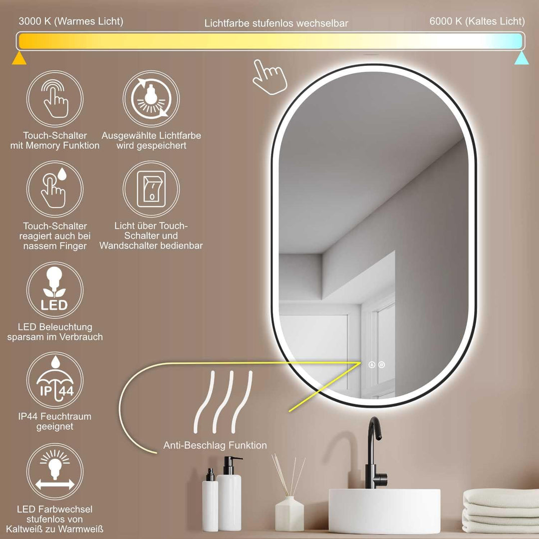 HOKO® LED Antibeschlag Badspiegel oval 45 x 75 cm. HOCH + QUER Montage. Design Badspiegel mit Licht