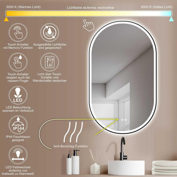 HOKO® LED Antibeschlag Badspiegel oval 45 x 75 cm. HOCH + QUER Montage. Design Badspiegel mit Licht