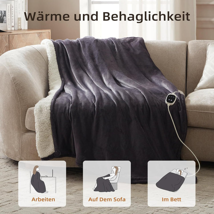 Heizdecke 130x180 cm, Heizdecke mit Abschaltautomatik, Wärmedecke mit 9 Heizstufen und 10 Stunden Ti