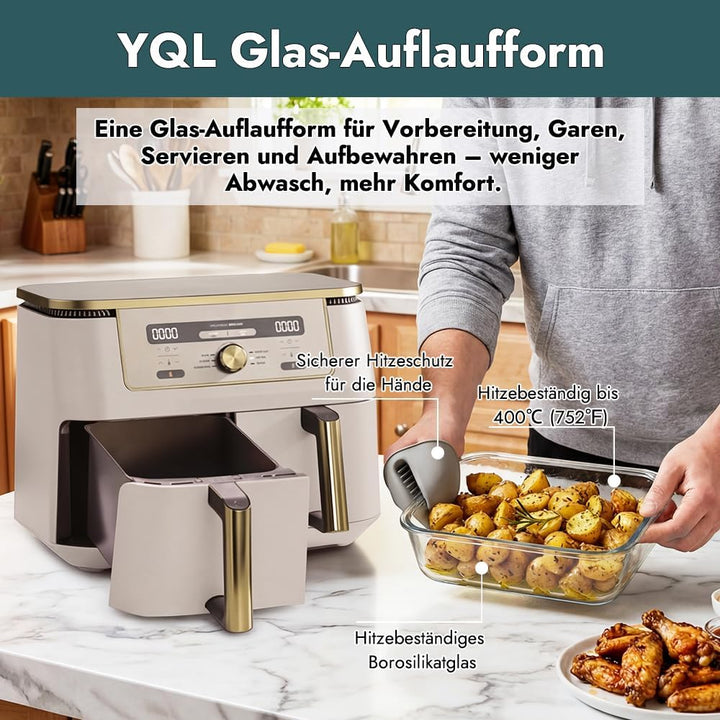 YQL Airfryer Zubehör für COSORI 2 Kammern 8,5L/Ninja Dual 9,5L, Borosilikatglas Auflaufform hitzebes