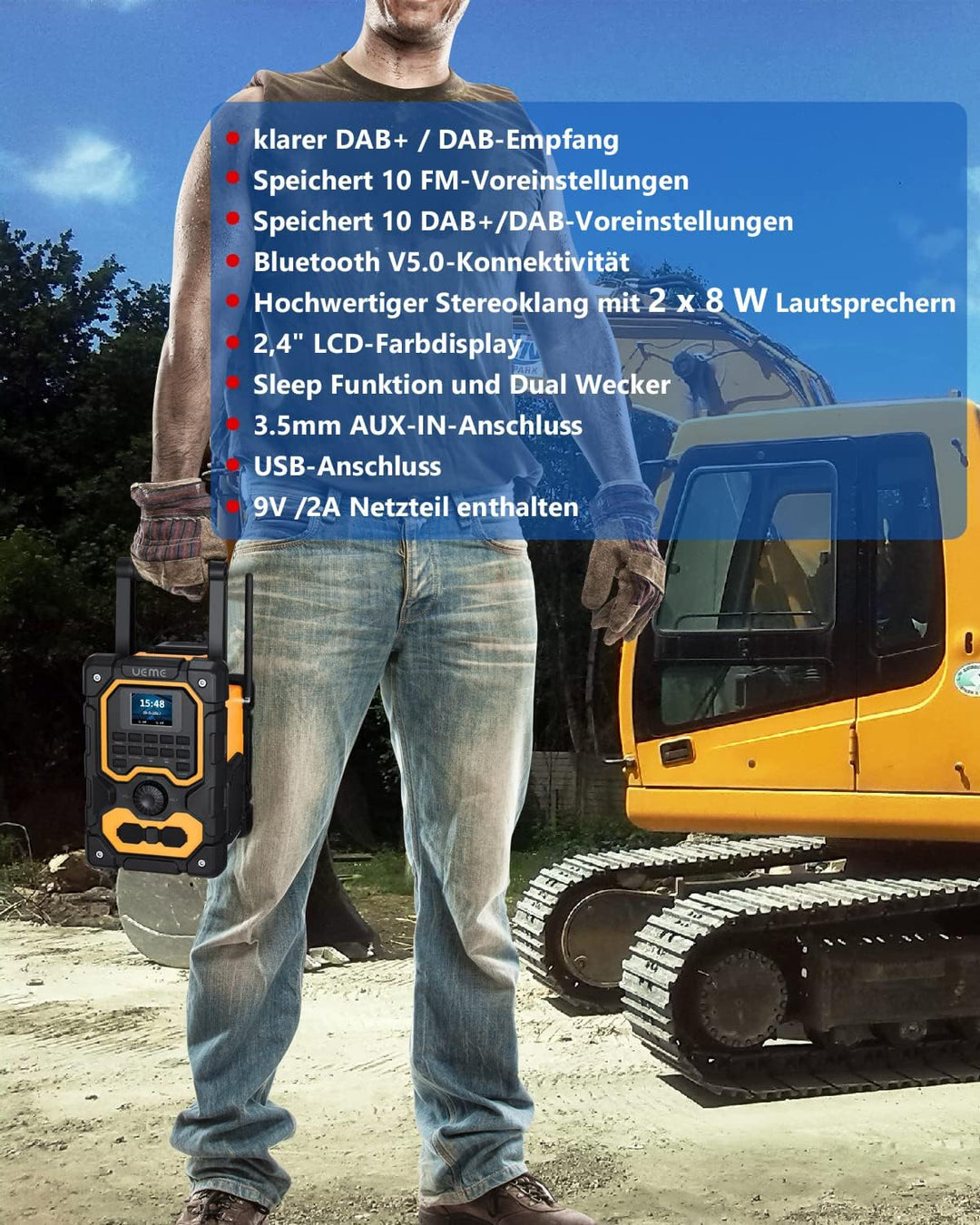 UEME Baustellenradio Robustes DAB+ FM Radio mit Bluetooth,Ladestation und Aux Anschluss DB-1005 (Gel