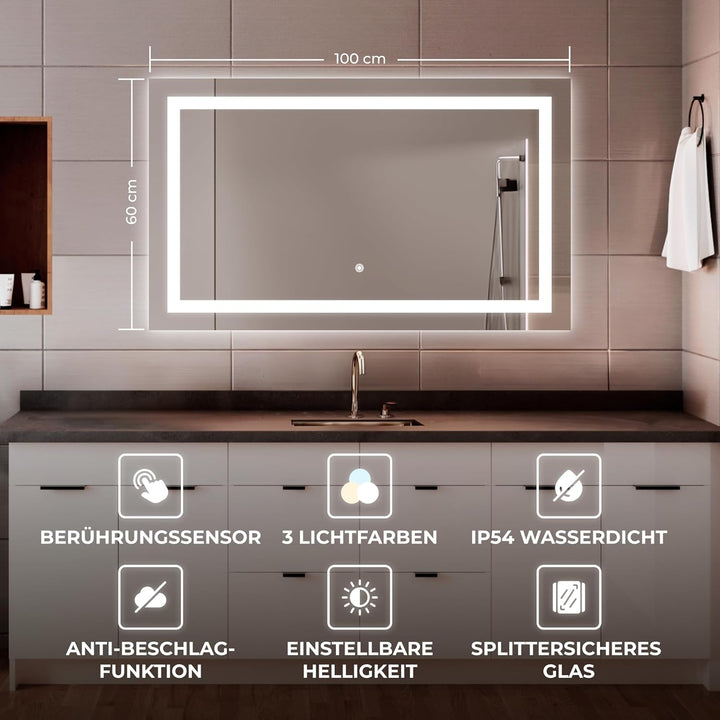 BR Bringer LED Badspiegel - 100x60 cm - Badezimmerspiegel mit Beleuchtung und Anti-Beschlag Funktion