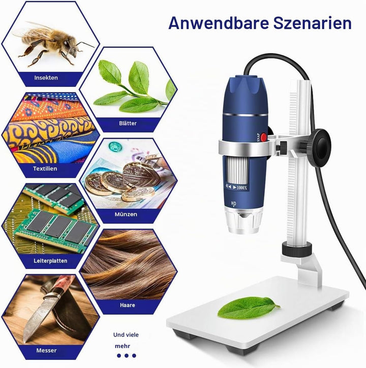 Jiusion HD 2MP USB Digitalmikroskop 40-1000X Tragbare Vergrösserungs-Endoskopkamera mit 8 LEDs Stabi
