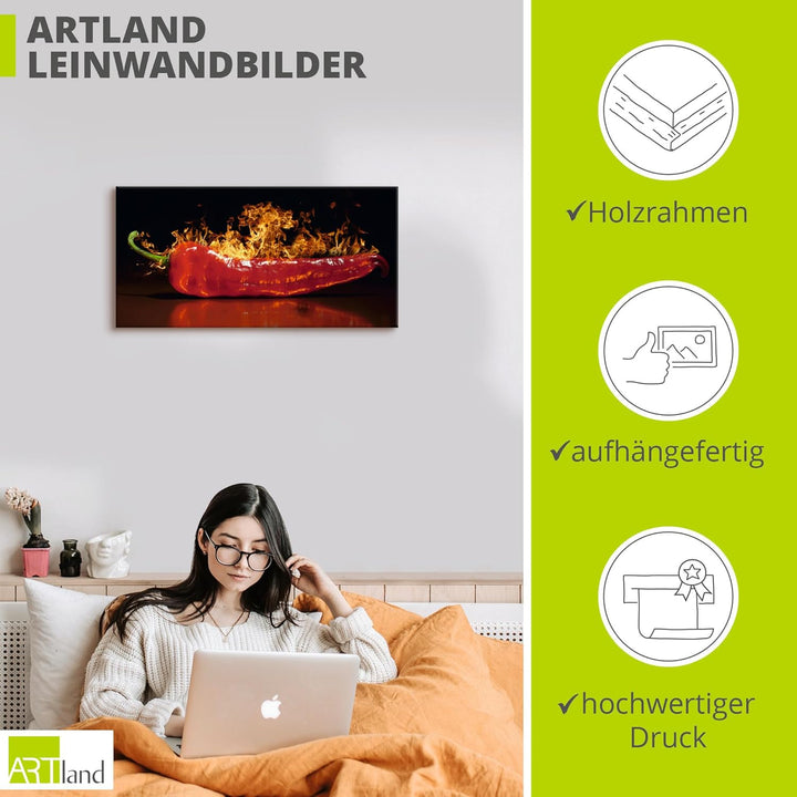 ARTland Leinwandbilder Wandbild Bild auf Leinwand 60x30 cm Chili Feuer Flammen Lebensmittel Essen Ge