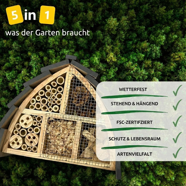 Insektenhotel wetterfest aus Holz – Bienenhotel mit Vogelschutz für Wildbienen &amp; Schmetterlinge – In