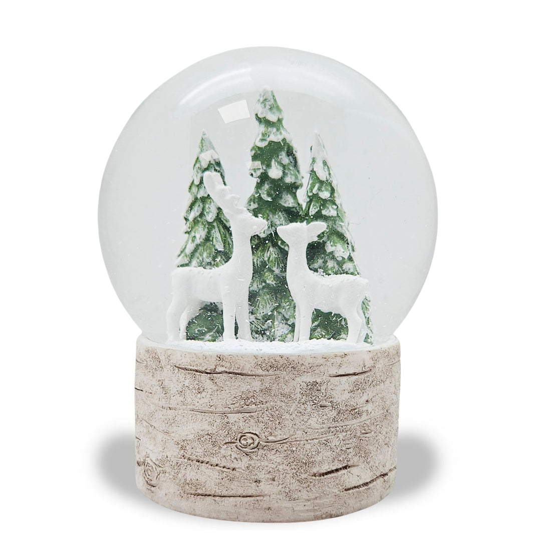Schneekugel Weihnachten | Hüttenzauber Zwei Rehe Tannenbaum | Sockel Holzoptik | Höhe: 12cm Breite 1