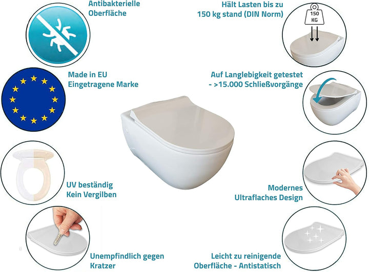 Aqua Bagno | Flacher Toilettendeckel & WC-Sitz mit Absenkautomatik, abnehmbarer Klodeckel D-Form, Un