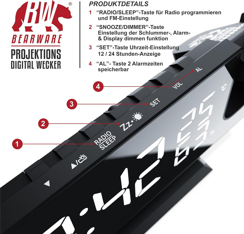 CSL - Radiowecker digital – Projektionswecker – 7 Tasten – 2 Alarme – Projektion und Licht – Autodim