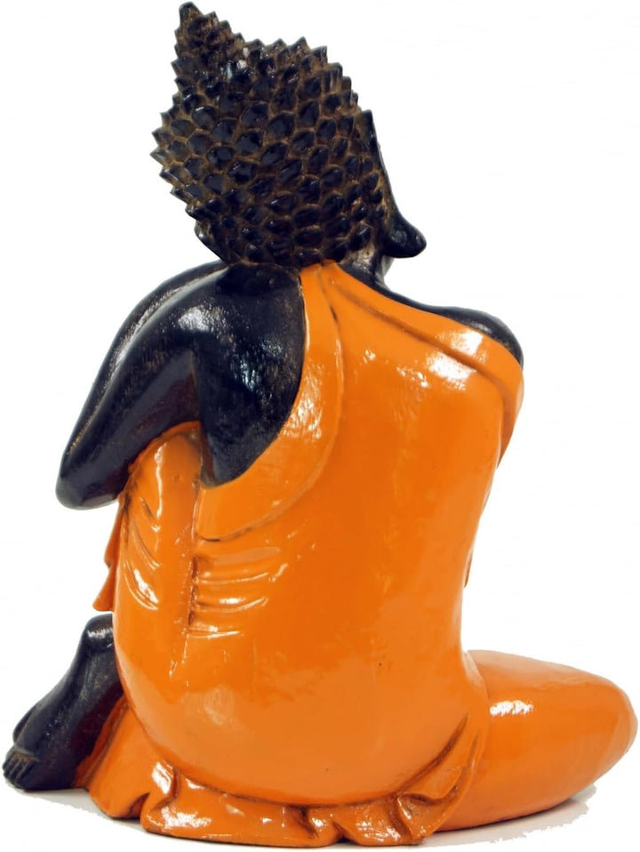 GURU SHOP Geschnitzte Sitzender Buddha Figur, Träumender Buddha - Orange/rechts, 28x21x12 cm, Buddha